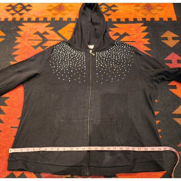 Quacker Factory 1X Black Hoodie With Rhinestone Accents & Pockets - Picture 12 of 14